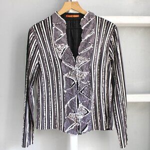 Kareer Koncept Grey Ribbon Strip Geometric Textured Zip Front Top Size Medium
